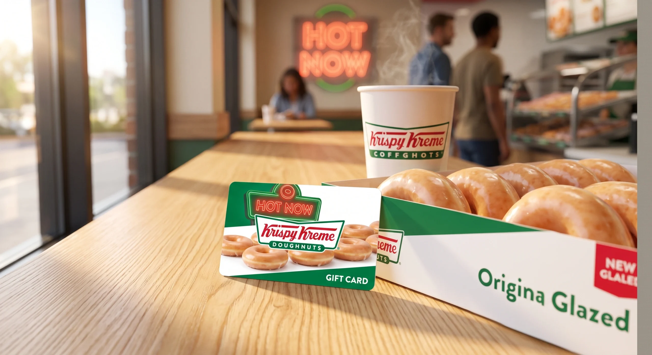 Krispy Kreme gift card on a table next to a box of fresh glazed doughnuts and coffee